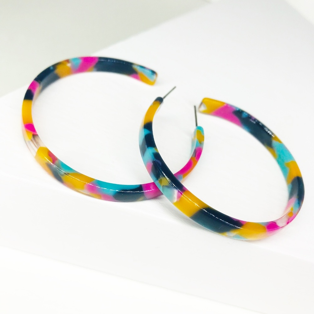 Acrylic Hoop Earrings in Pink, Blue and Yellow - Picture 3 of 7